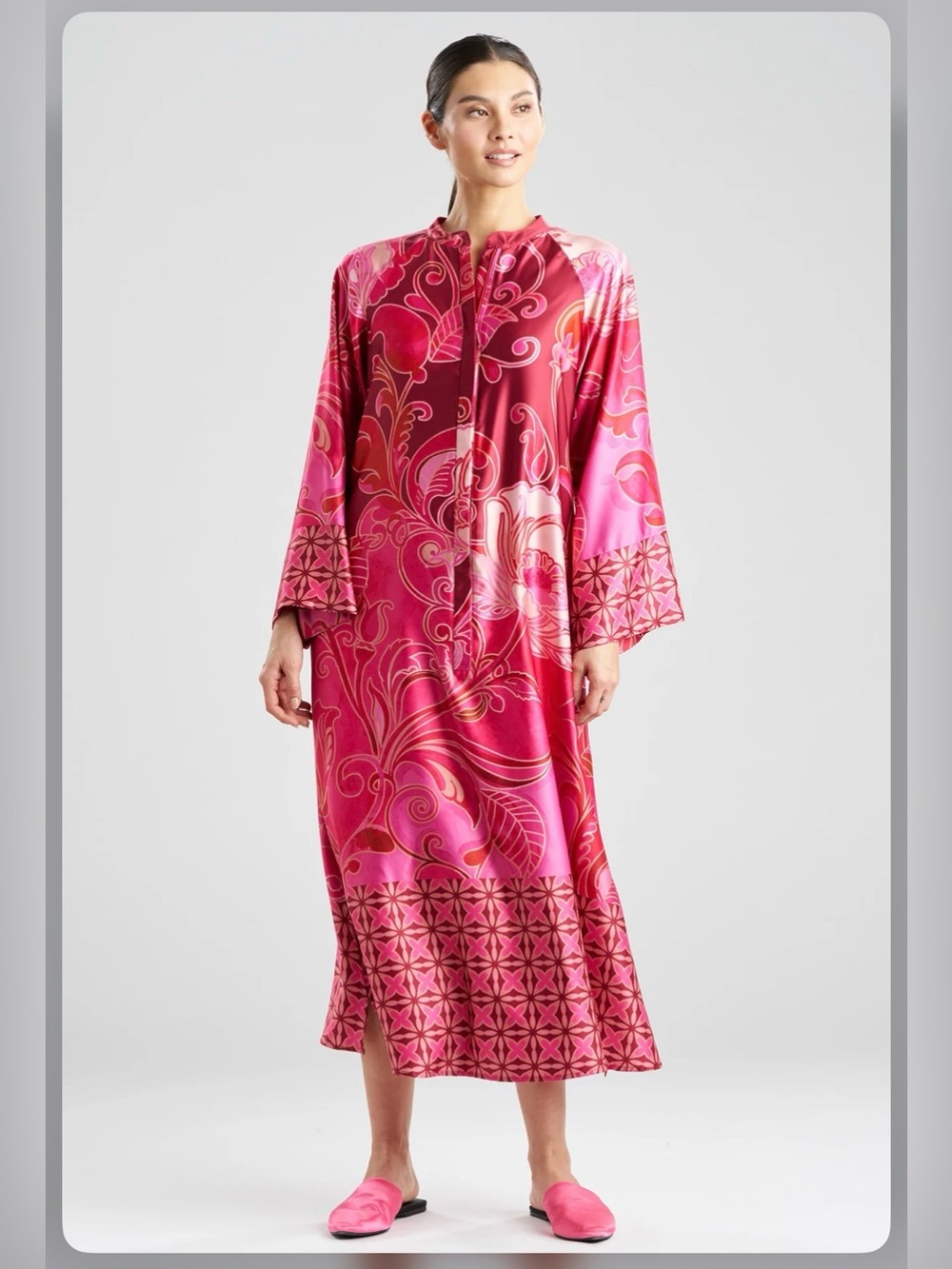 NWT NATORI Pink Red Deco Floral Printed Charmeuse Satin Zip PJ Caftan Dress S